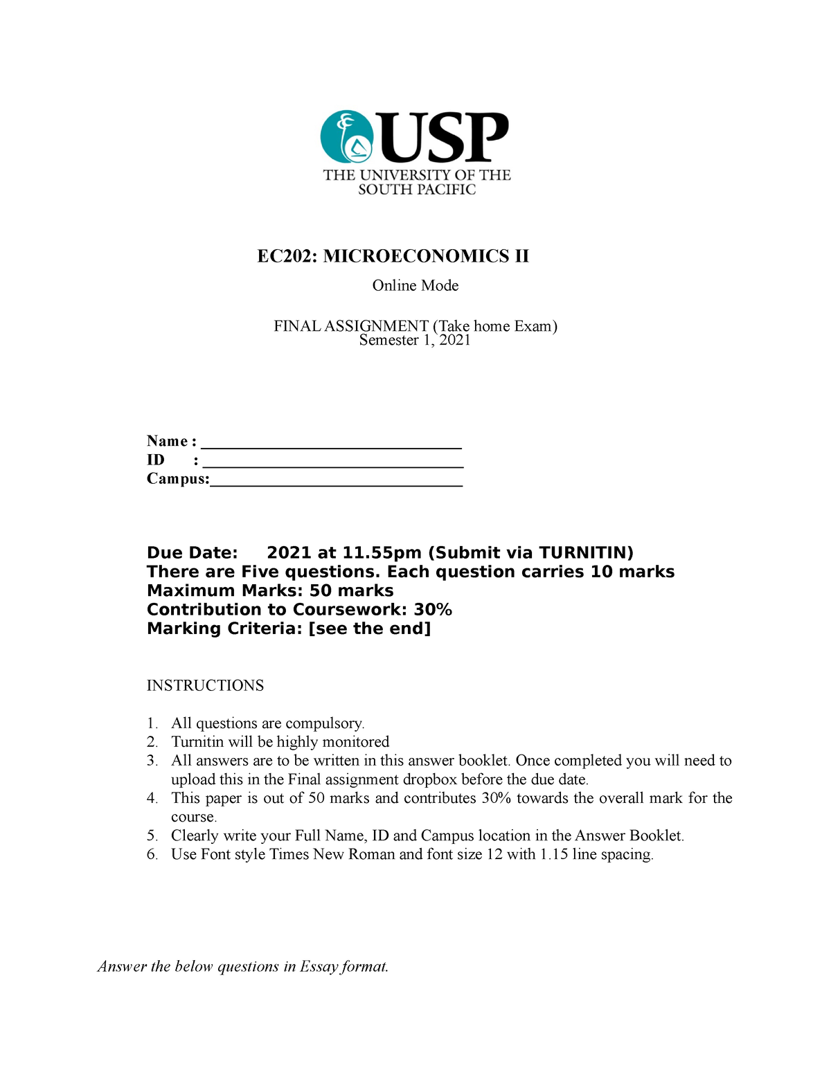 EC202 Final Examination - EC202: MICROECONOMICS II Online Mode FINAL ...