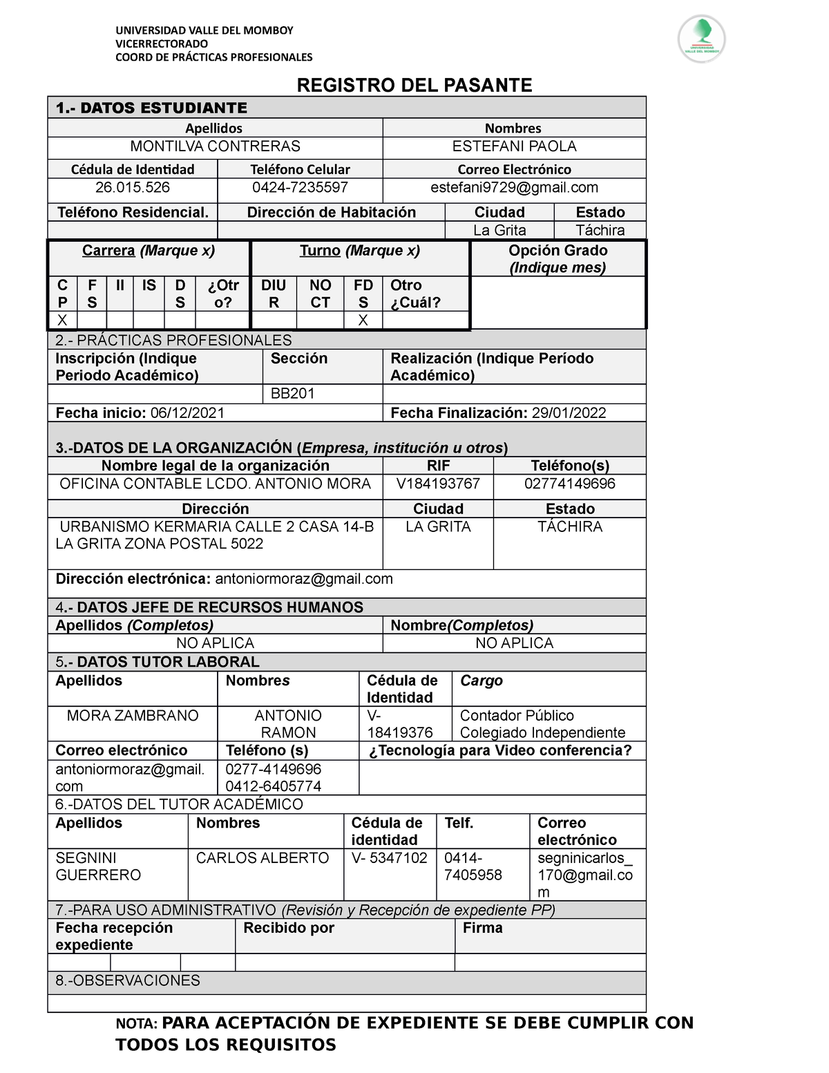 2 Planilla De Registro De Pasante Ya Impresa Universidad Valle Del Momboy Vicerrectorado Coord 7987