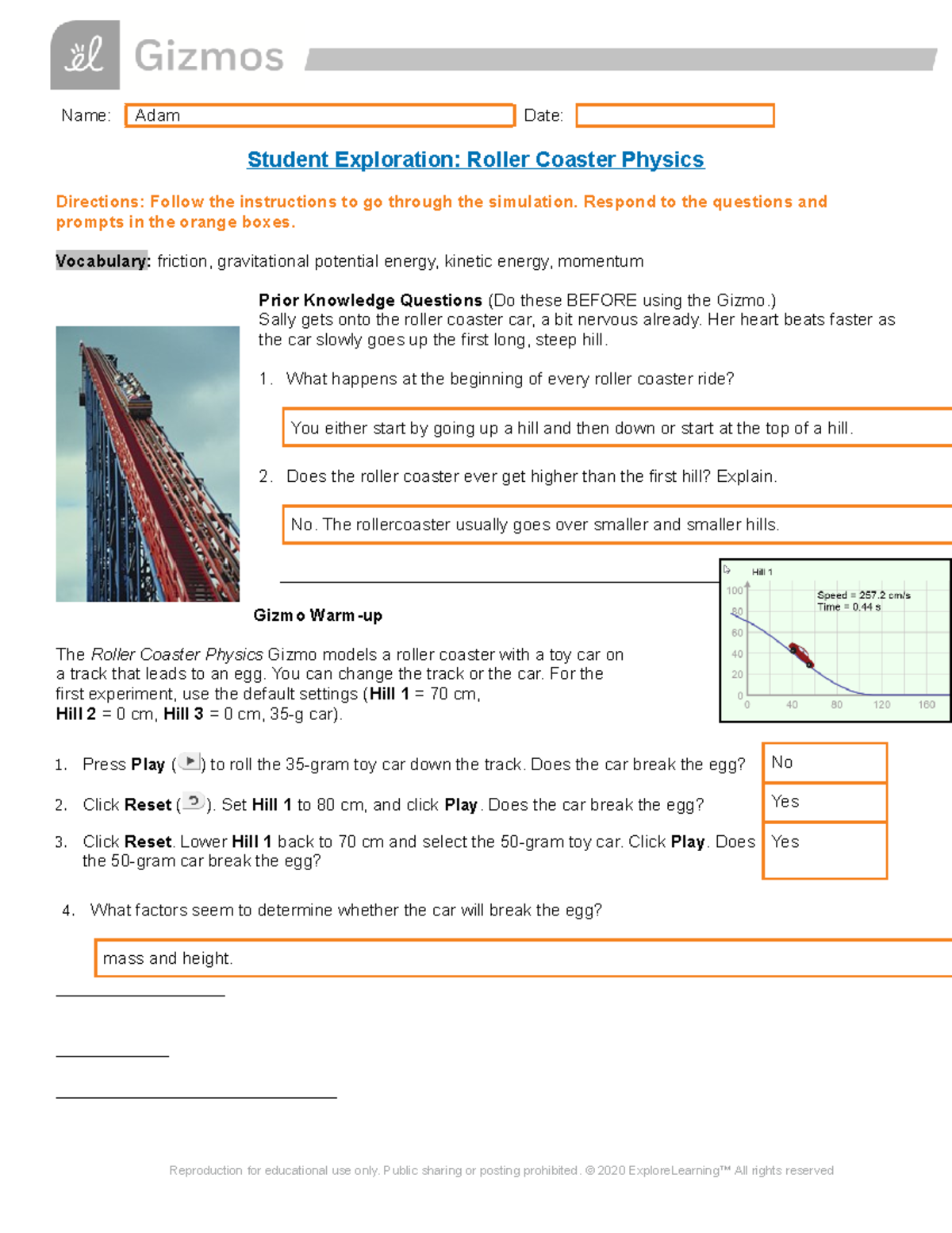 Roller Coaster Gizmos Name Adam Date Student Exploration Roller