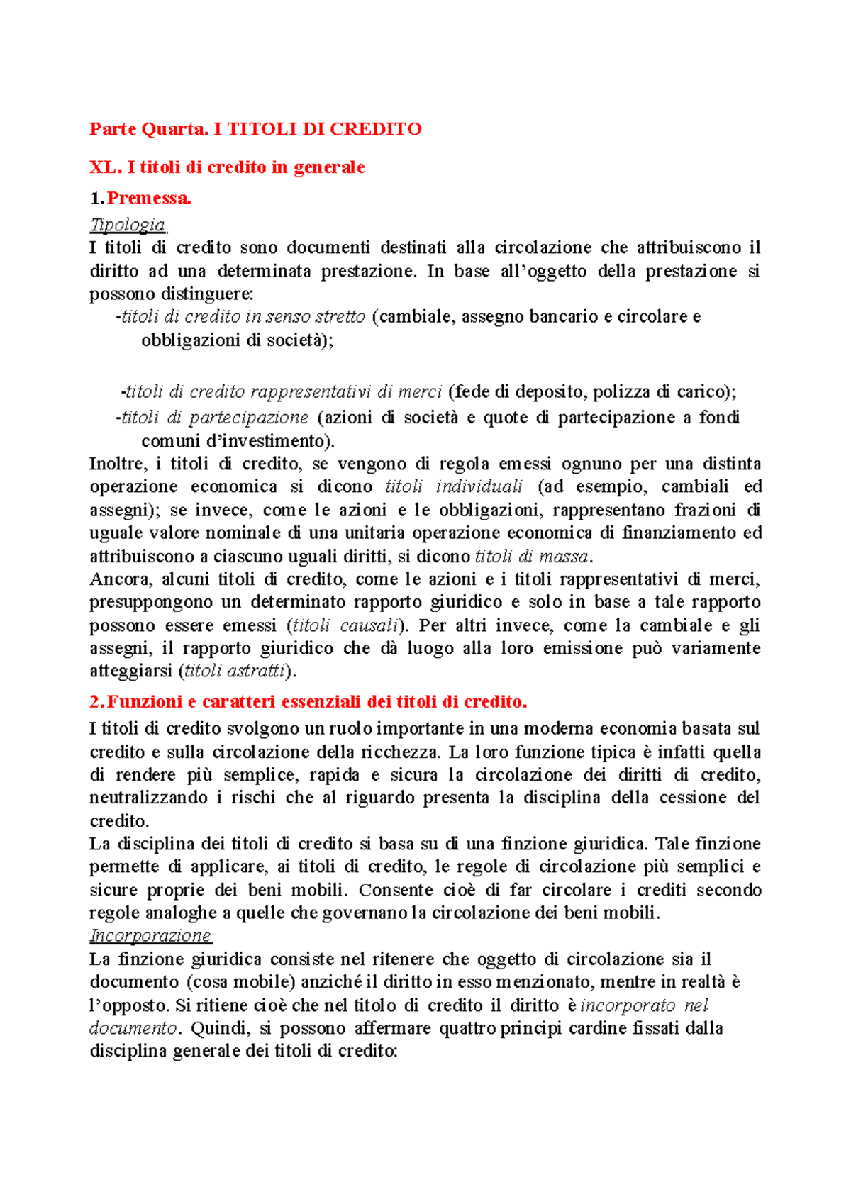 Parte 4 Titoli DI Credito - Parte Quarta. I TITOLI DI CREDITO XL. I ...