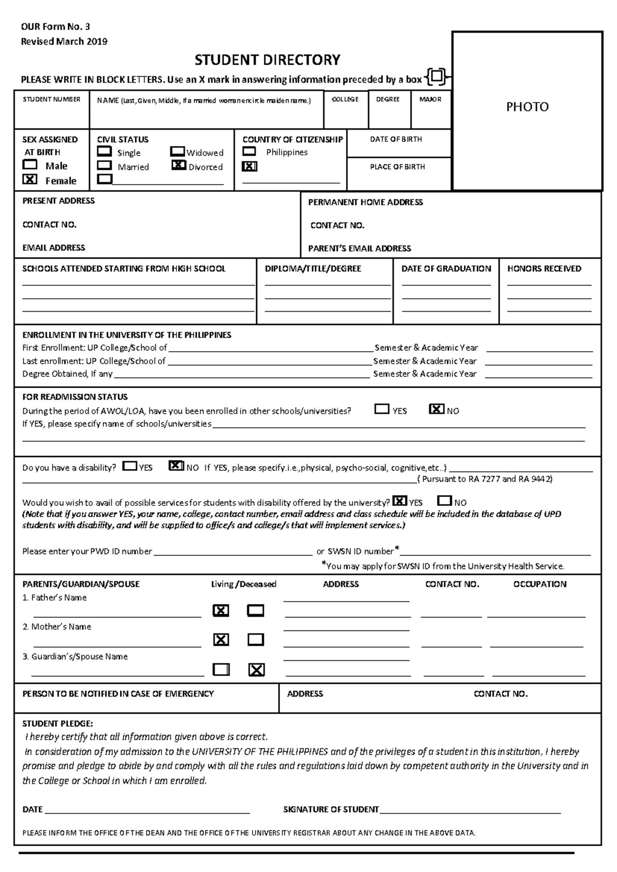 Ourform 3 - forms - OUR Form No. 3 Revised March 2019 STUDENT DIRECTORY ...