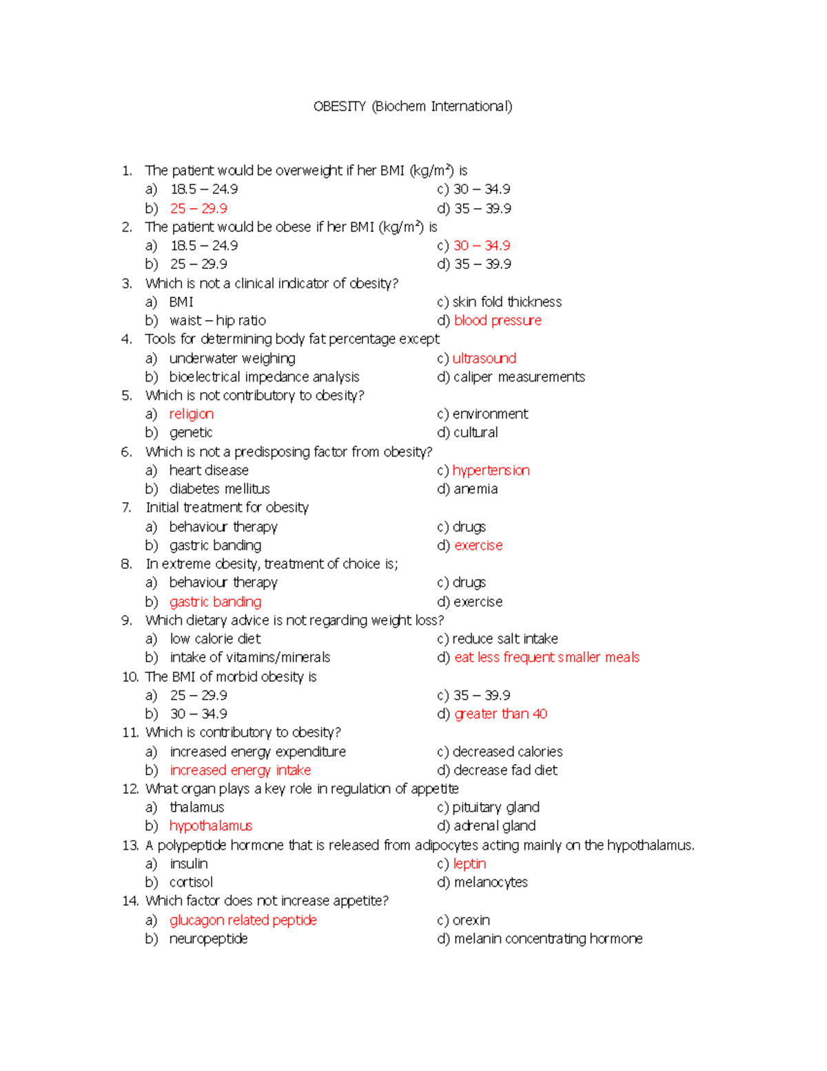 BIOCHEMISTRY OBESITY Exam June 2016, questions and answers - OBESITY ...