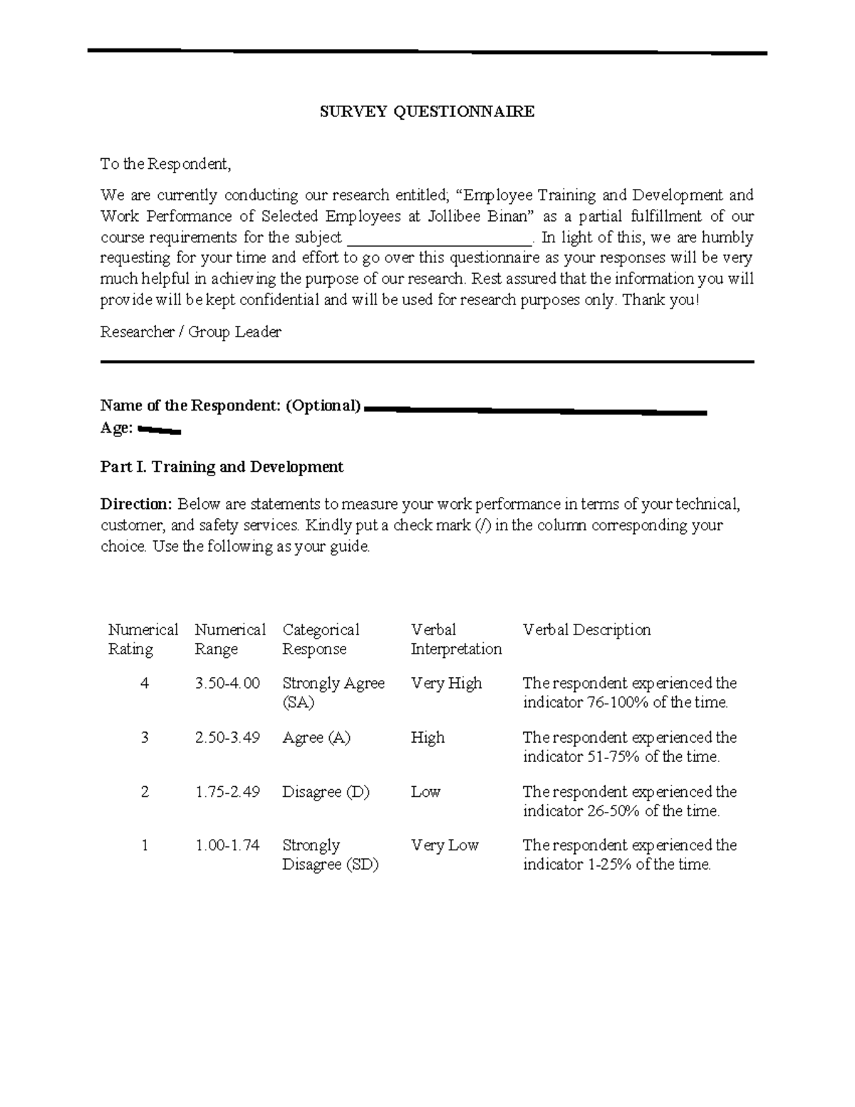 Questionnaire - SURVEY QUESTIONNAIRE To the Respondent, We are ...