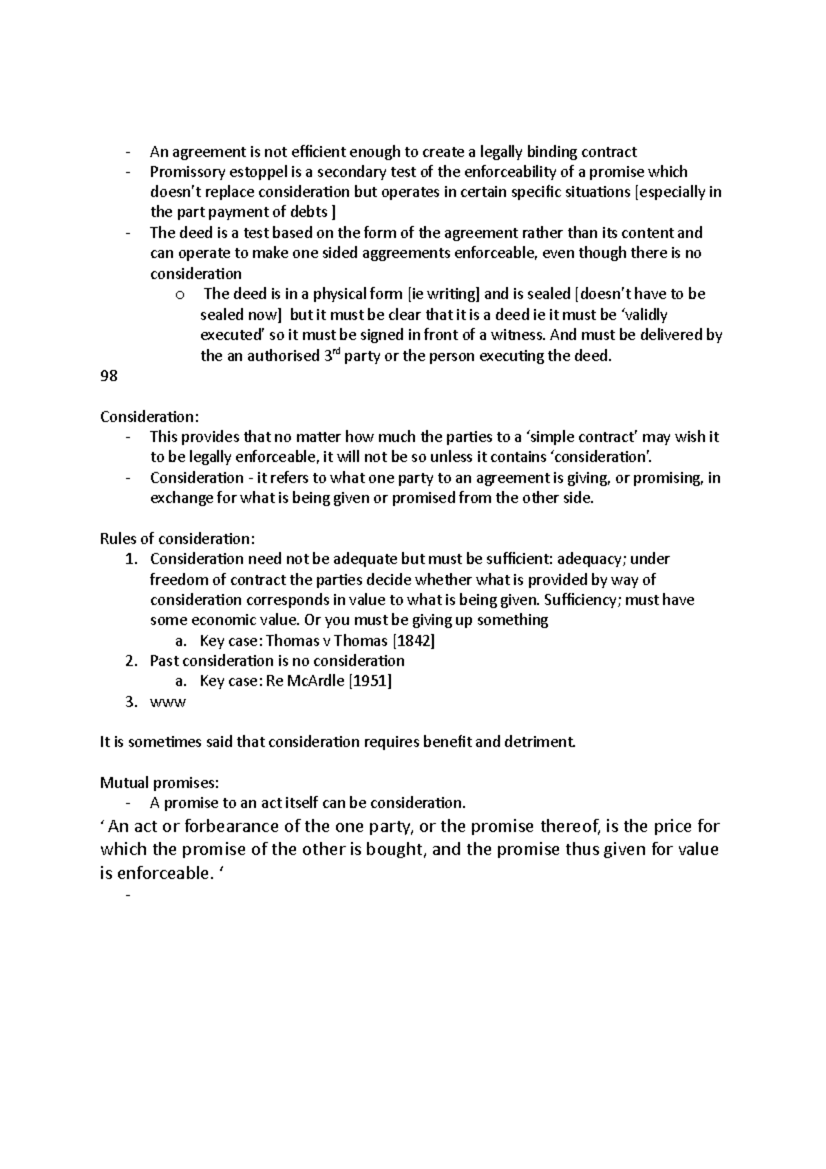 Consideration reading notes an agreement is not efficient enough to