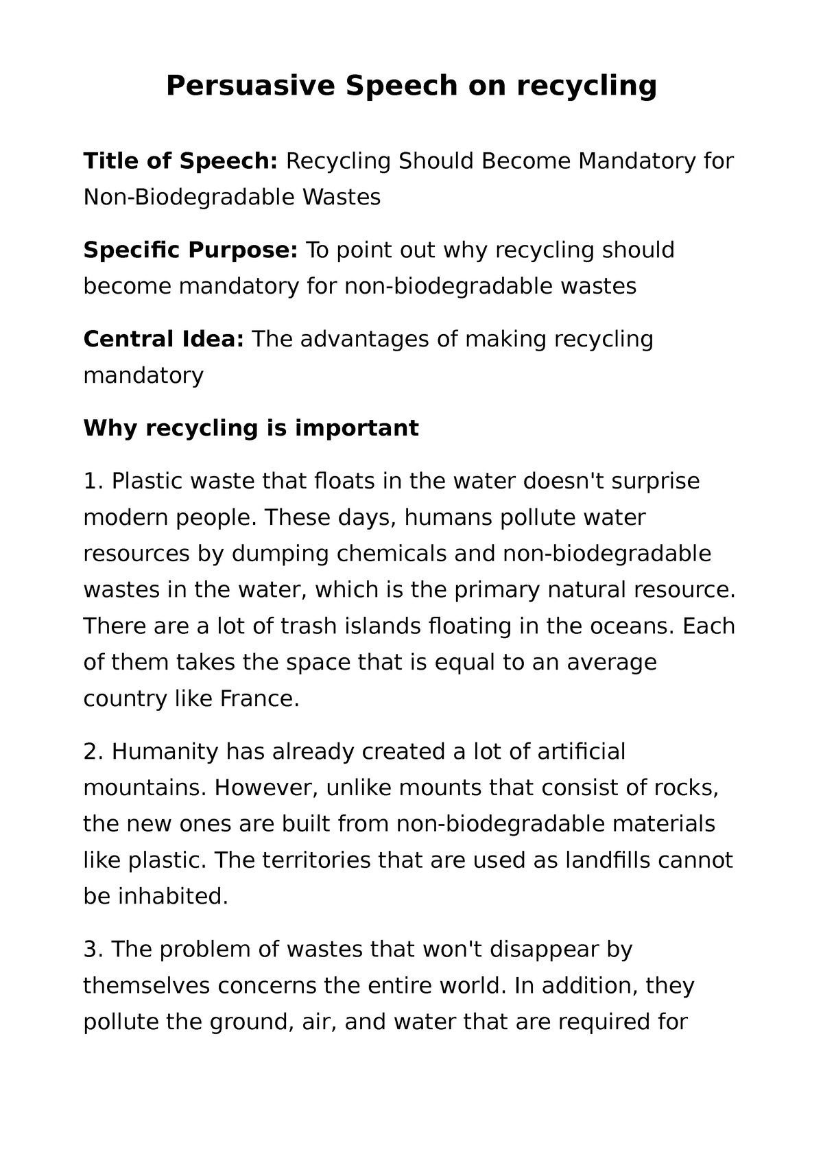persuasive speech outline recycling