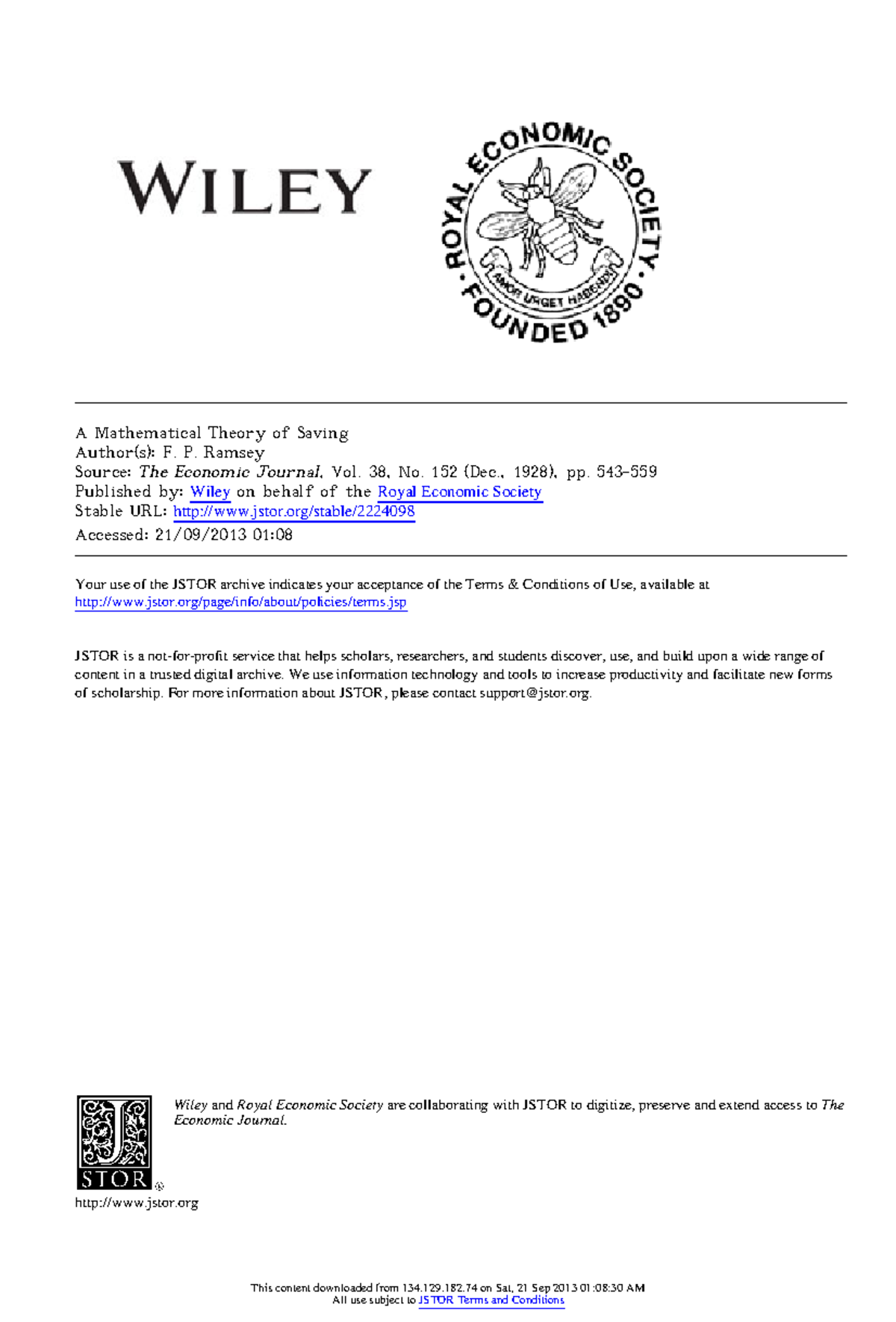 Ramsey 1928 - control de lectura 2 - A Mathematical Theory of Saving ...