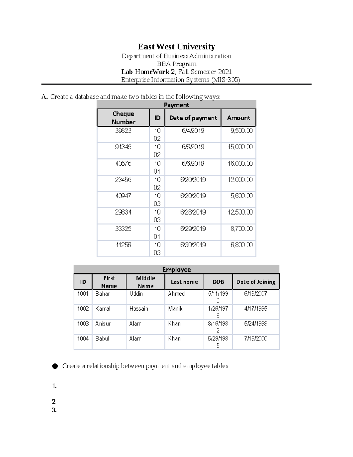 Lab Home Work 2 - Easy work - East West University Department of ...
