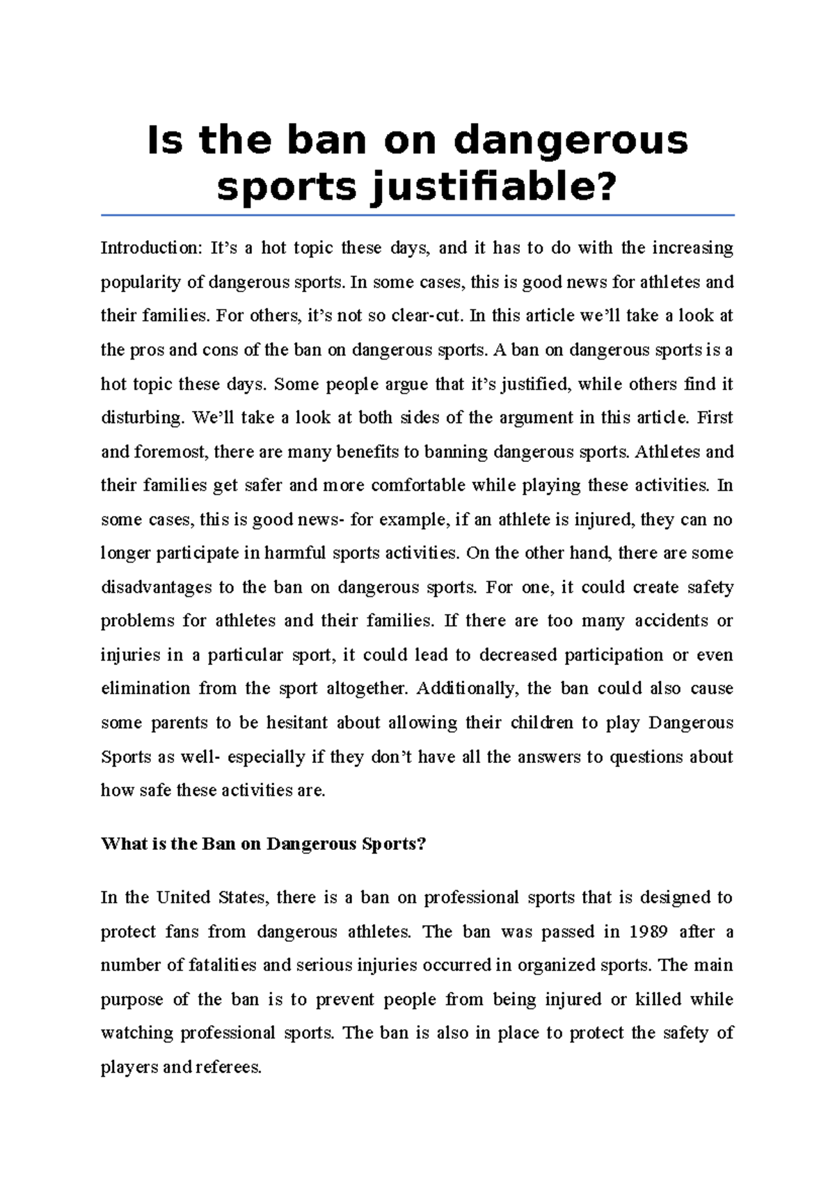 extreme sports should be banned opinion essay