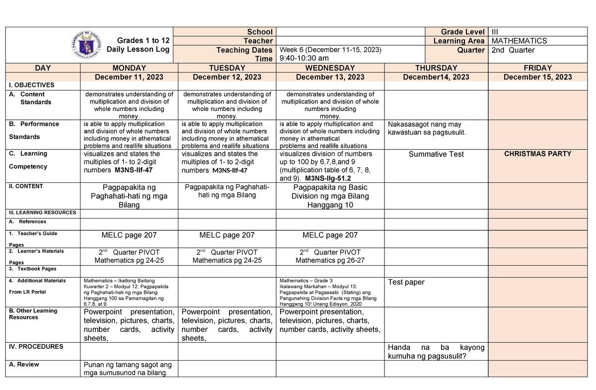 DLL Mathematics Q2 WEEK 6 - Grades 1 To 12 Daily Lesson Log School ...