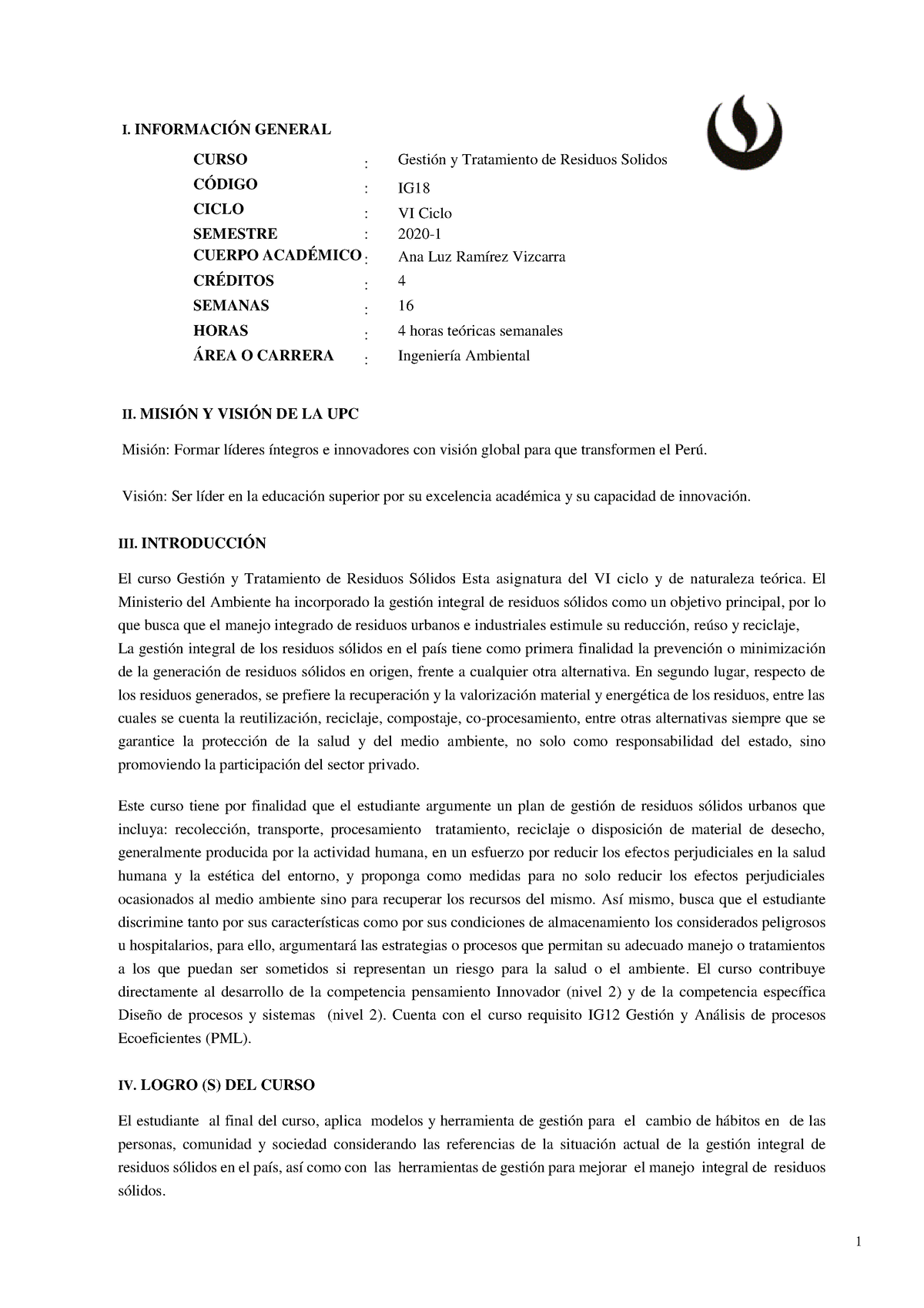 Gesti Tratamiento Residuos Solidos I INFORMACIÓN GENERAL CURSO Gestión y