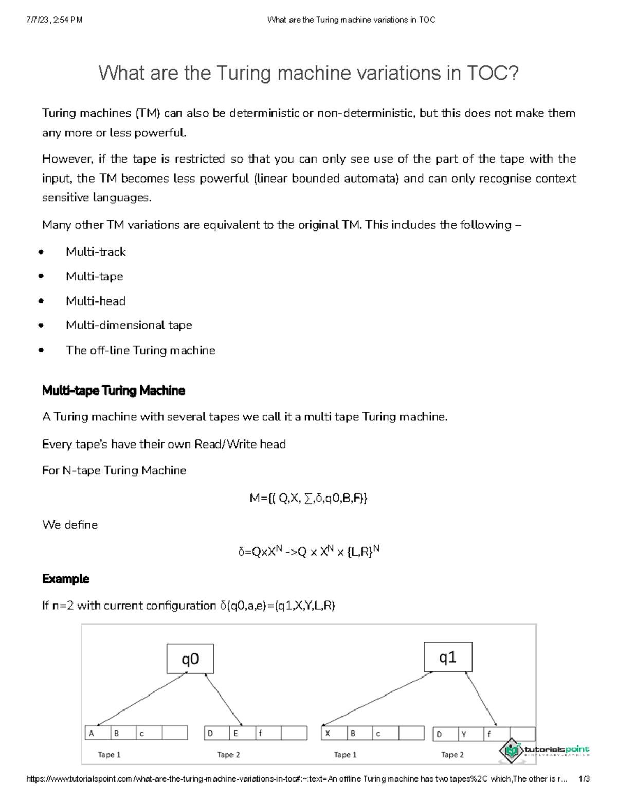 What are the Turing machine variations in TOC .. 1/ What are the