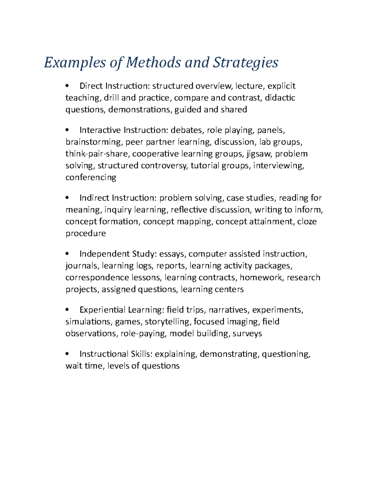 Examples of Teaching Experimental Trials and Explicit Teaching of