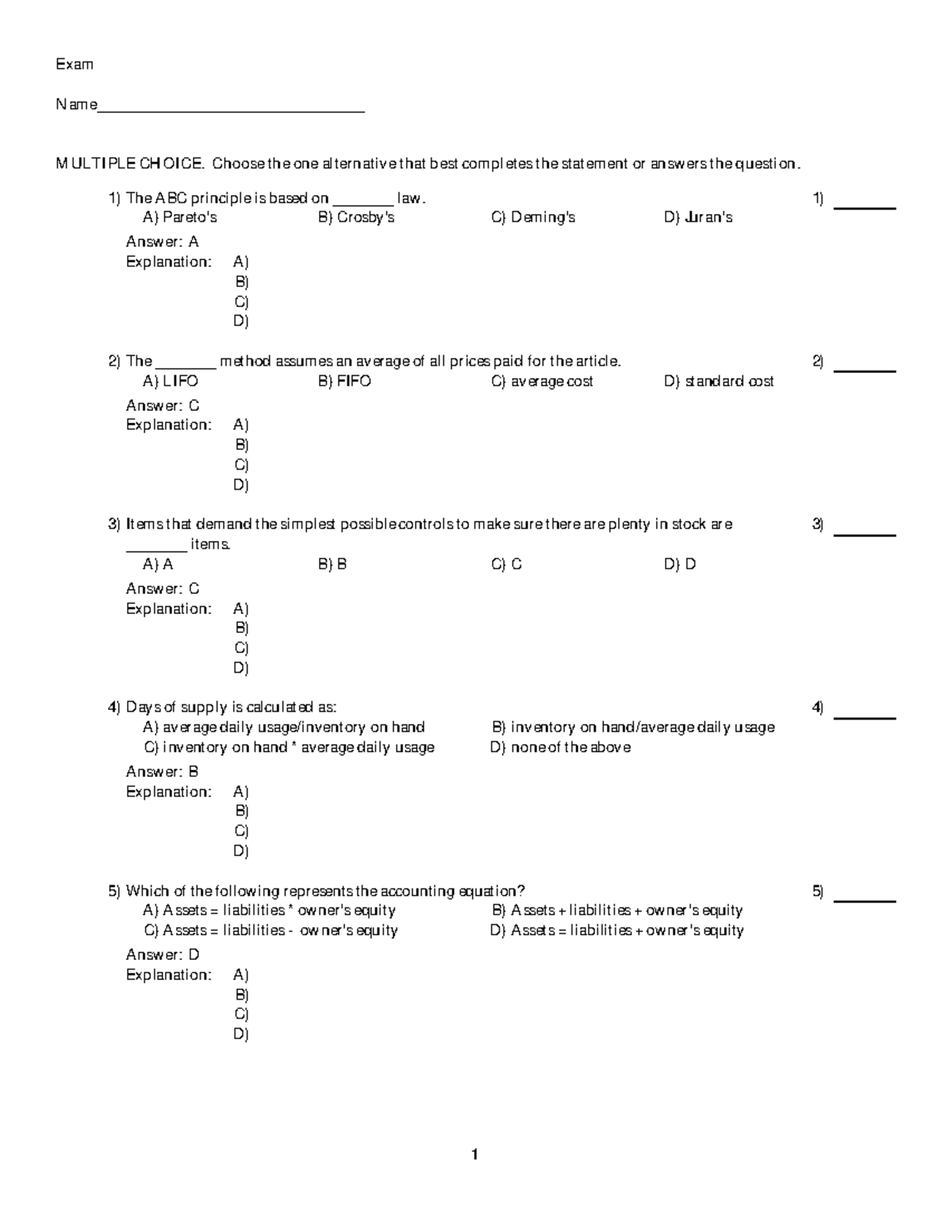 Test Bank Introduction to Materials Management 6th ed Exam Name