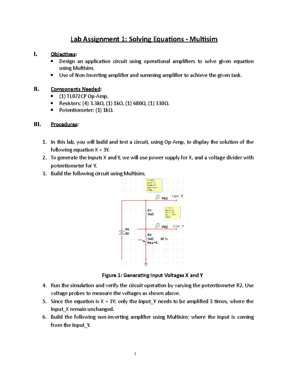 EET221L Wk1 Lab 1 Solving Equations Using Op amps Lab Assignment 1 