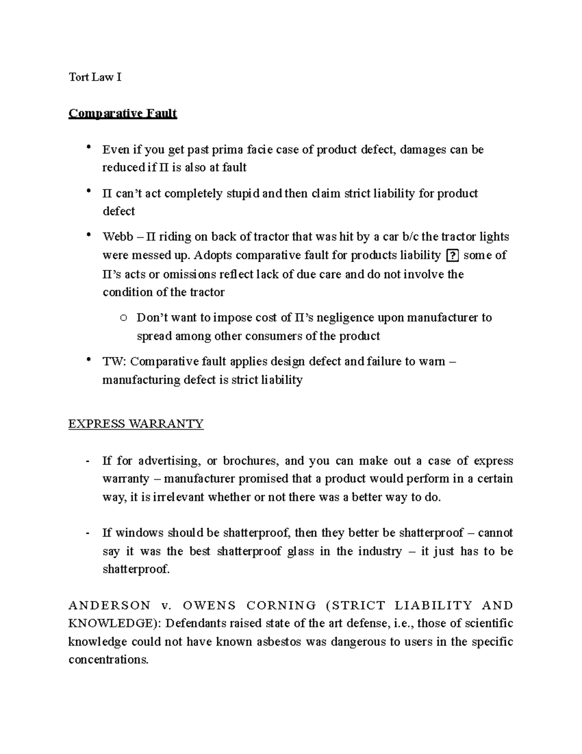 Comparative Fault and Express Warranties Notes Tort Law I Comparative