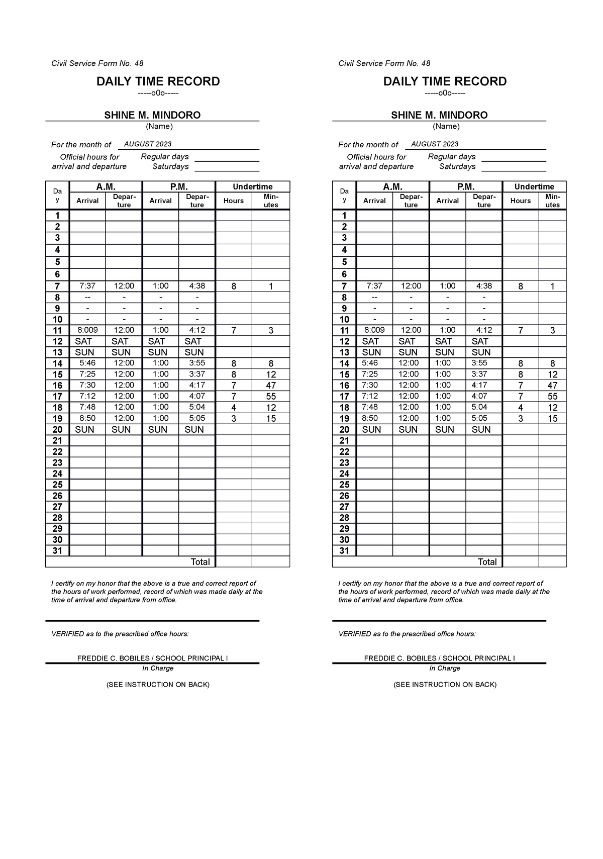 DTR- Mindoro-2022 - DTR - Civil Service Form No. 48 DAILY TIME RECORD ...