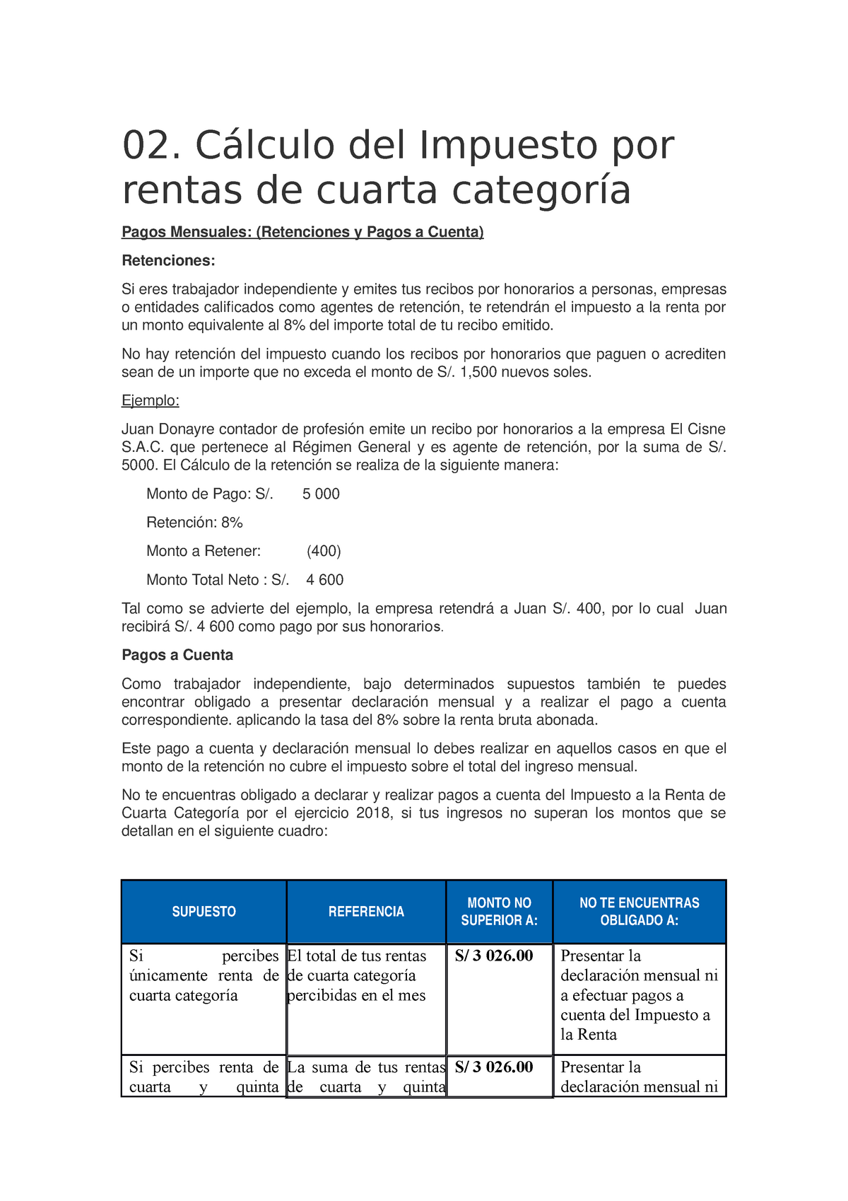 Cuarta Categoria - 02. Cálculo Del Impuesto Por Rentas De Cuarta ...