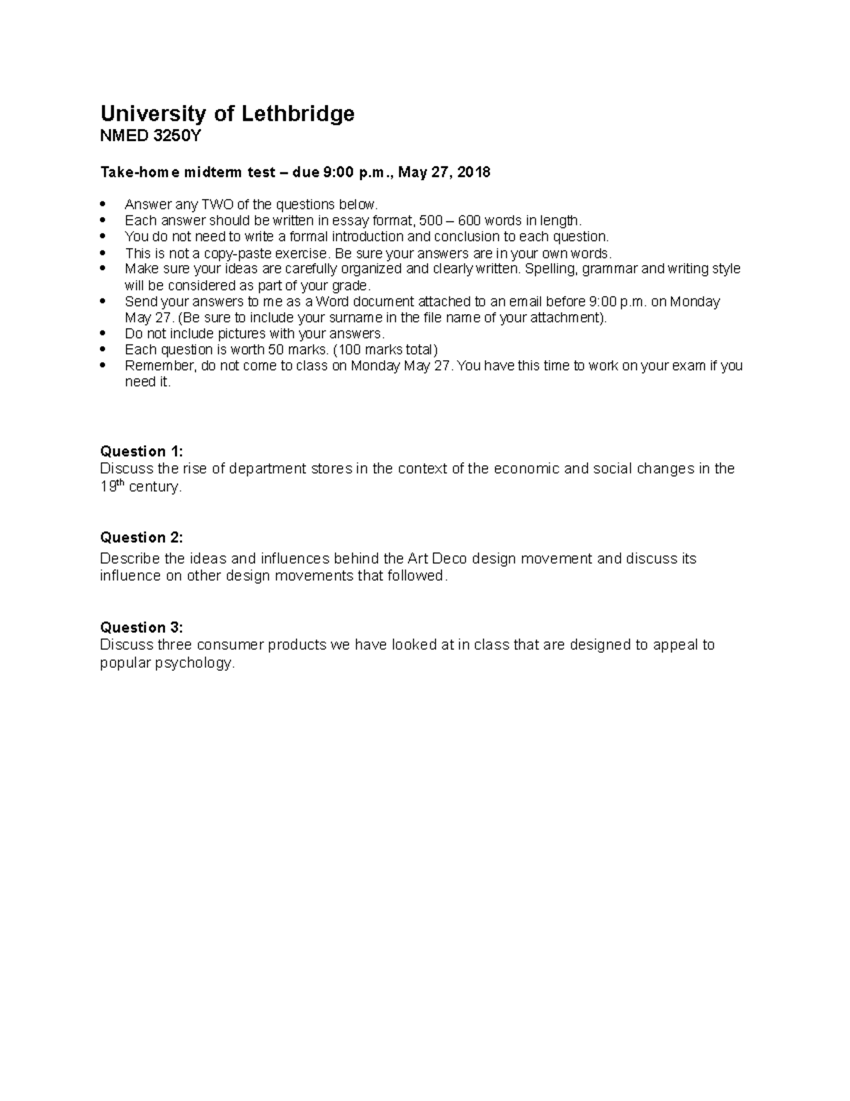 NMED3250 Midterm Exam Essay Style University of Lethbridge NMED 3250Y