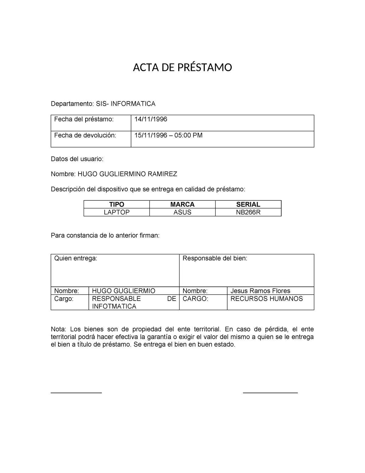 Acta De Prestamo 0 Acta De PrÉstamo Departamento Sis Informatica Fecha Del Préstamo 1411