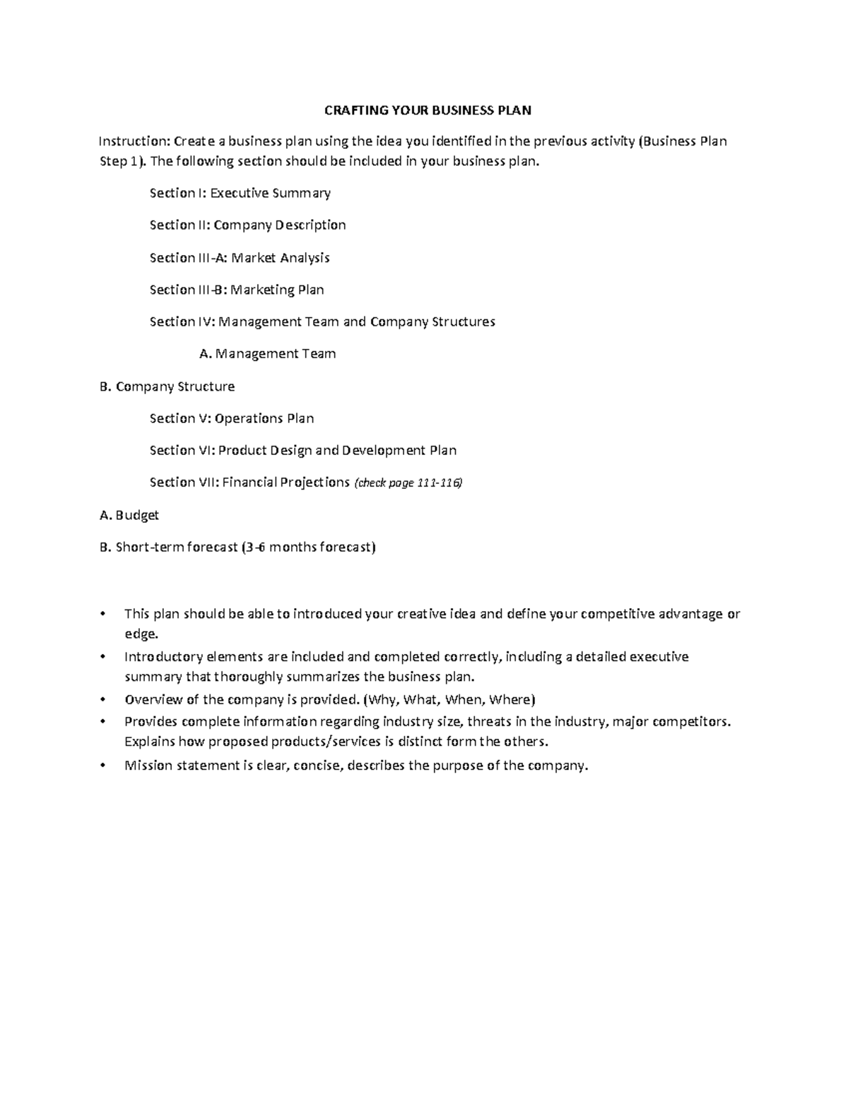 Doc1 . CRAFTING YOUR BUSINESS PLAN Instruction Create a business plan using the idea you