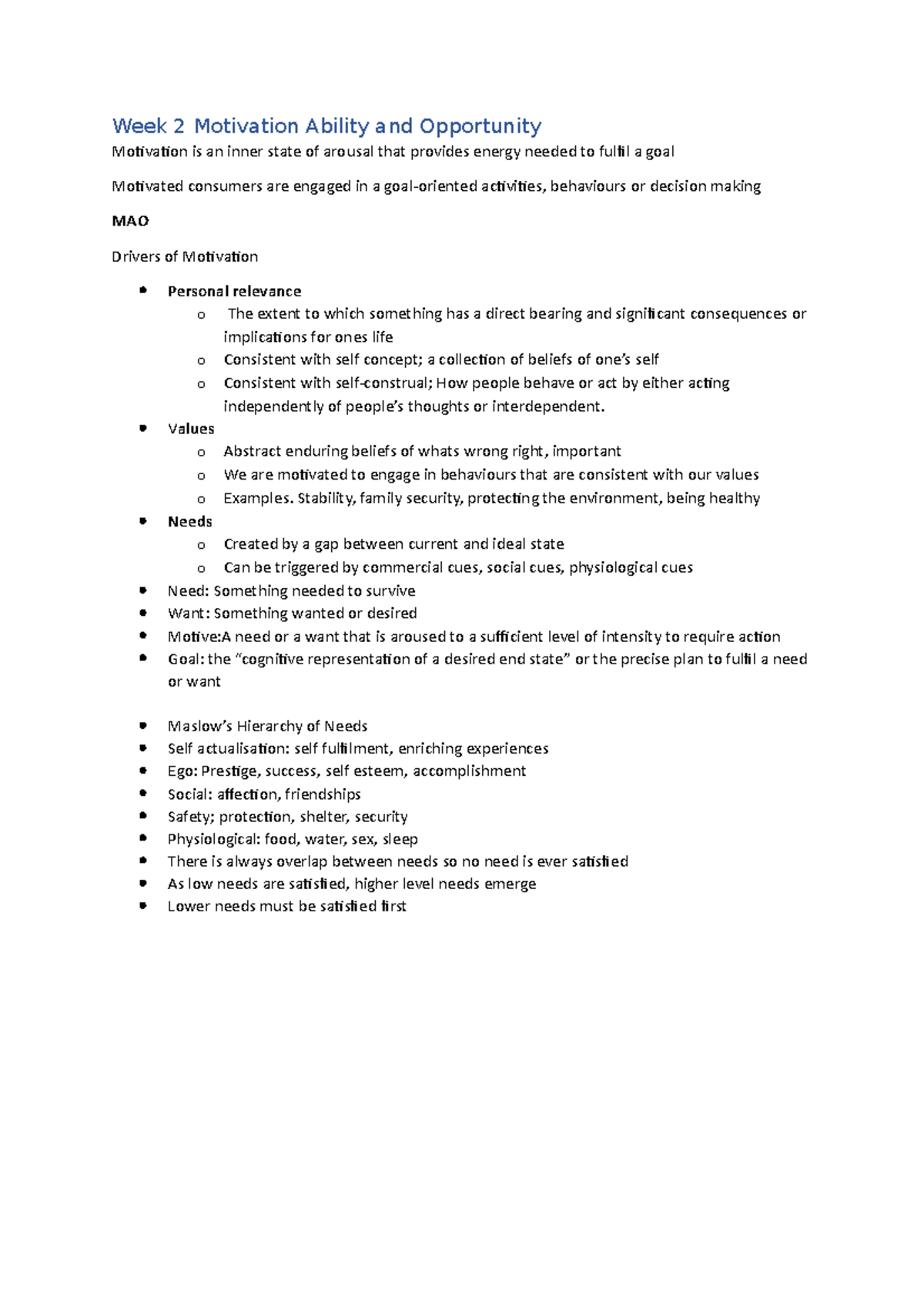 Weeks 2-4 Lecture Notes - Week 2 Motivation Ability and Opportunity ...