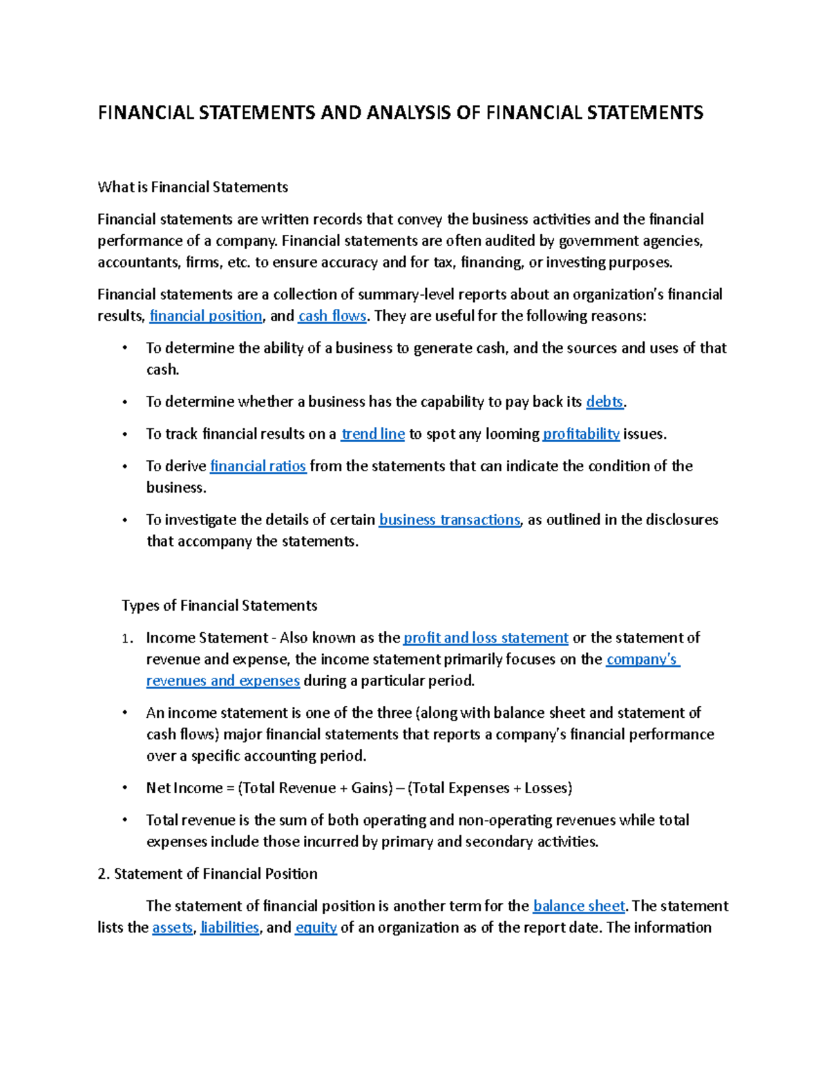 Financial Statements AND Analysis OF Financial Statements - FINANCIAL ...