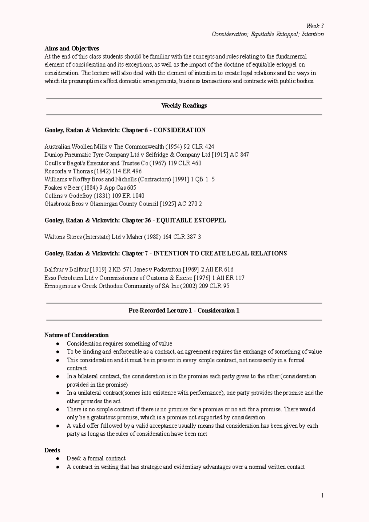 Contracts Week 3 - Contract week 3 notes - Consideration; Equitable ...