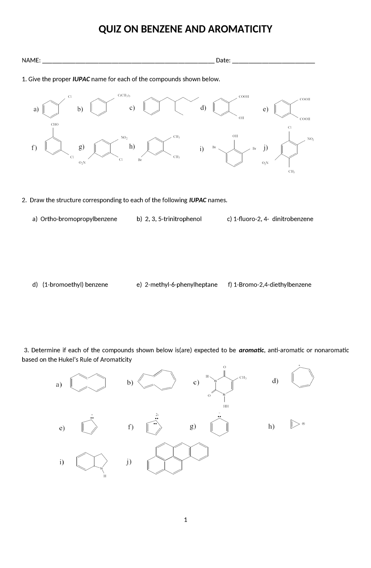 QUIZ ON Benzene AND Aromaticity with answers - QUIZ ON BENZENE AND ...