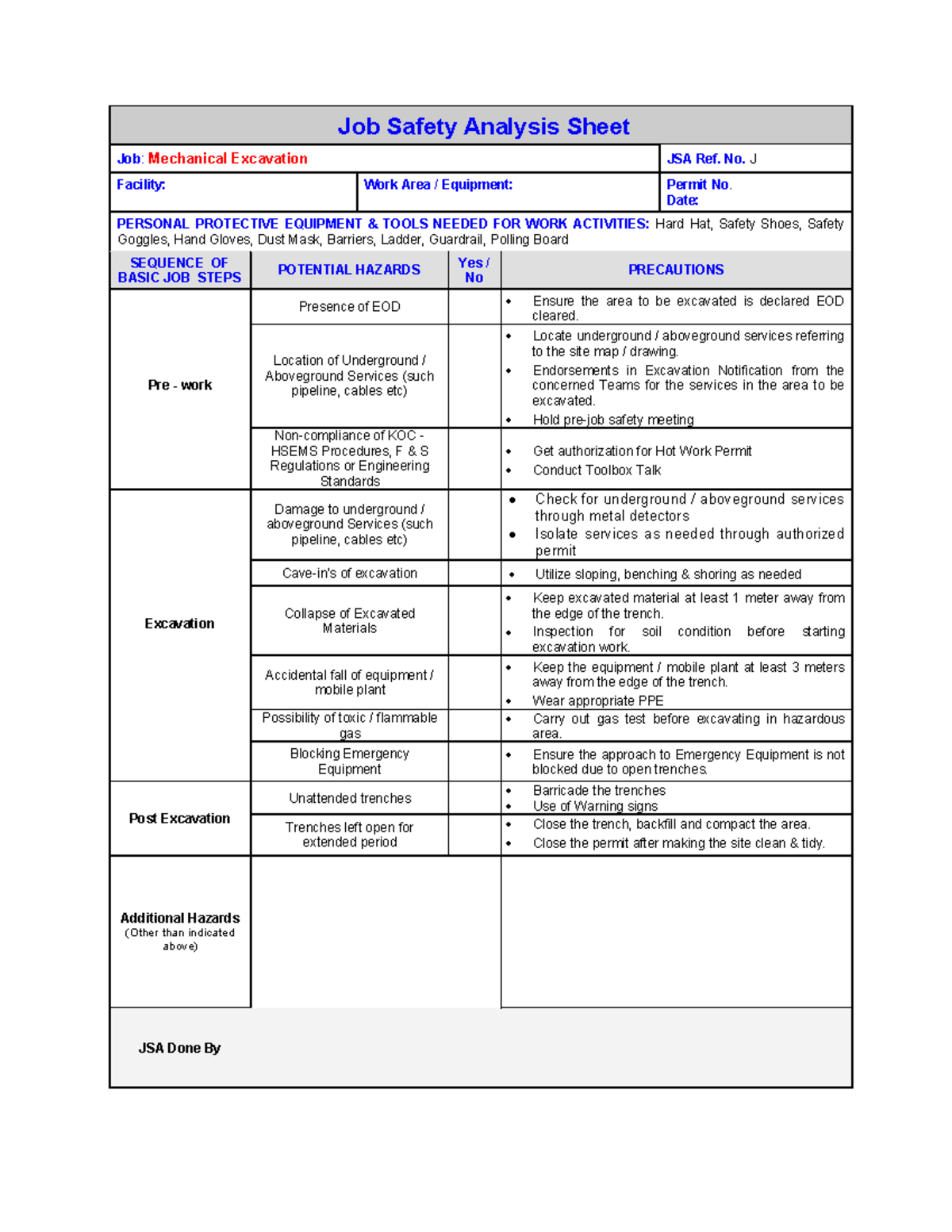 Pdfcoffee - JSA - Job Safety Analysis Sheet Job: Mechanical Excavation ...