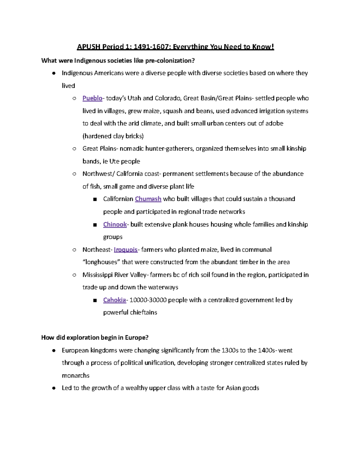 APUSH Period 1 1491-1607 - Study Guide - APUSH Period 1: 1491-1607