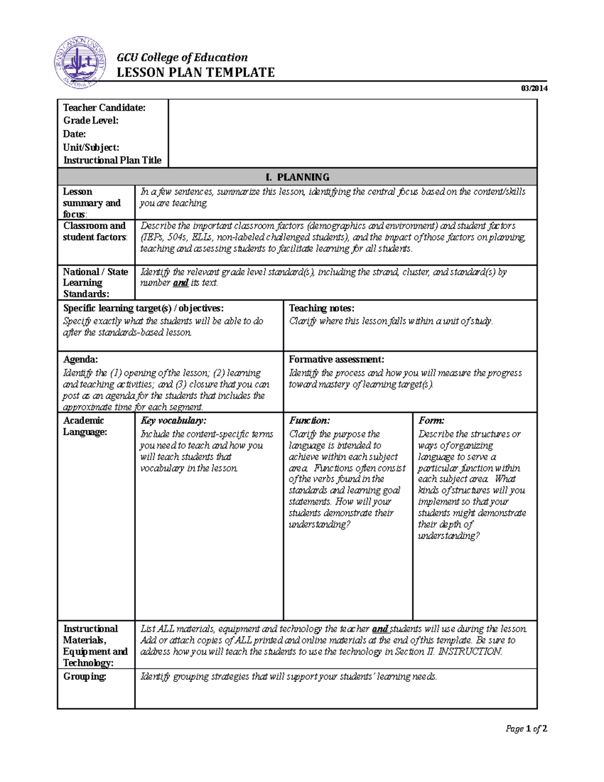 Pdf GCULesson Plan Doc - Lesson planning guide - GCU College of ...