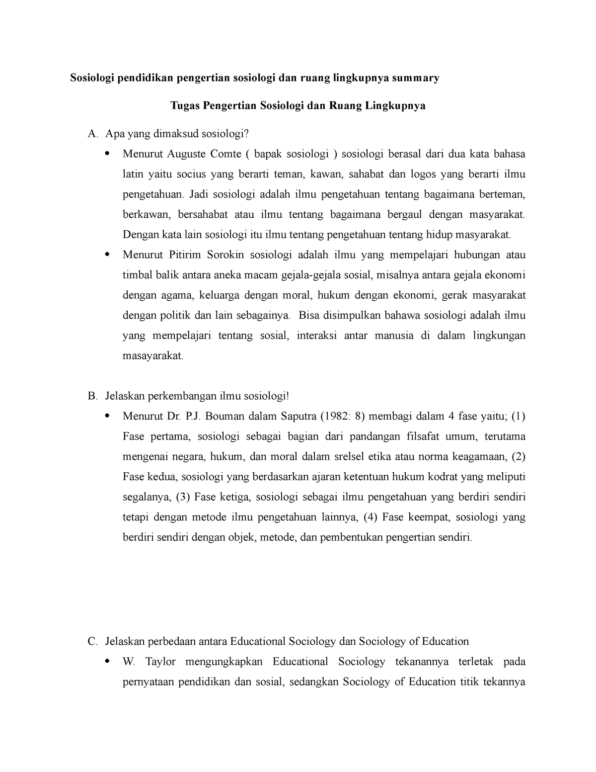 Sosiologi Pendidikan Pengertian Sosiologi Dan Ruang Lingkupnya Summary ...