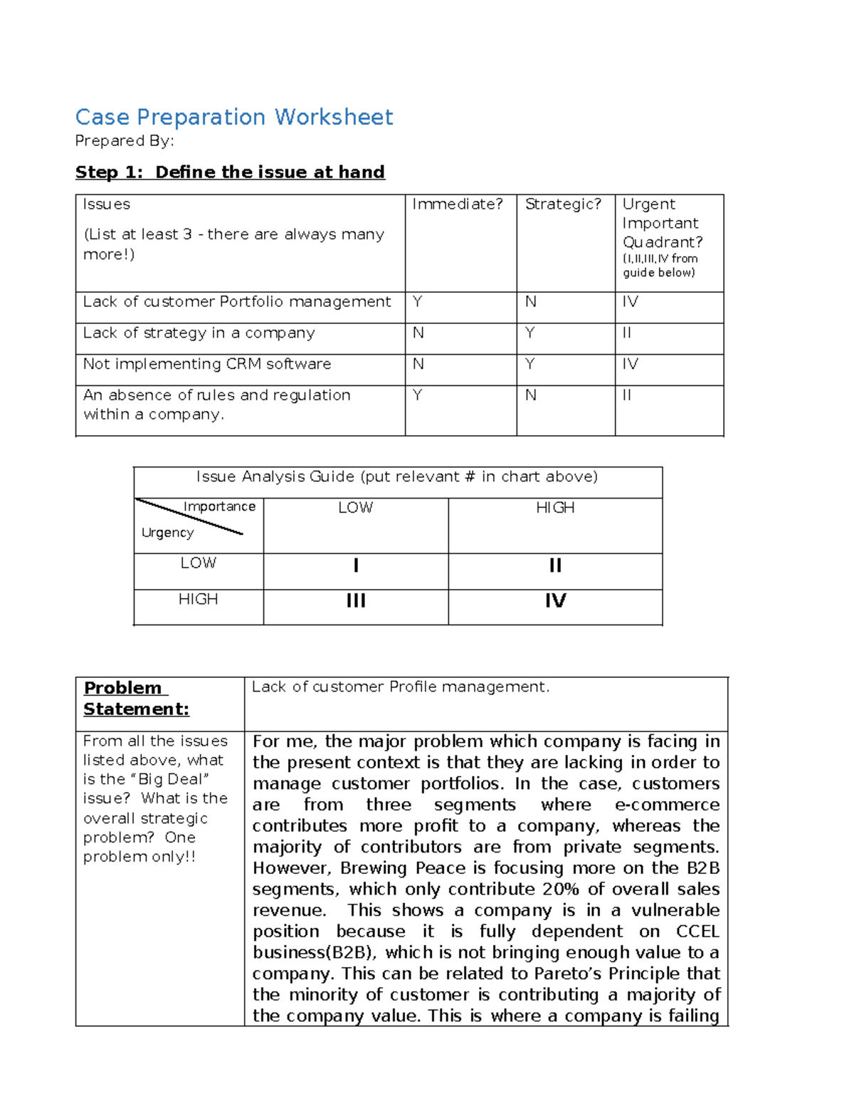 SAmple case - Case Preparation Worksheet Prepared By: Step 1: Define ...