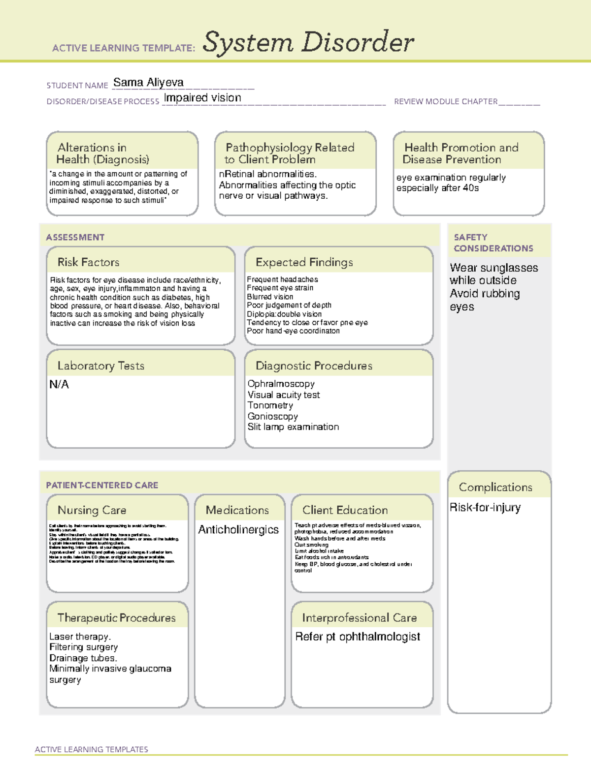 System disorder Vision loss - ACTIVE LEARNING TEMPLATES System Disorder ...