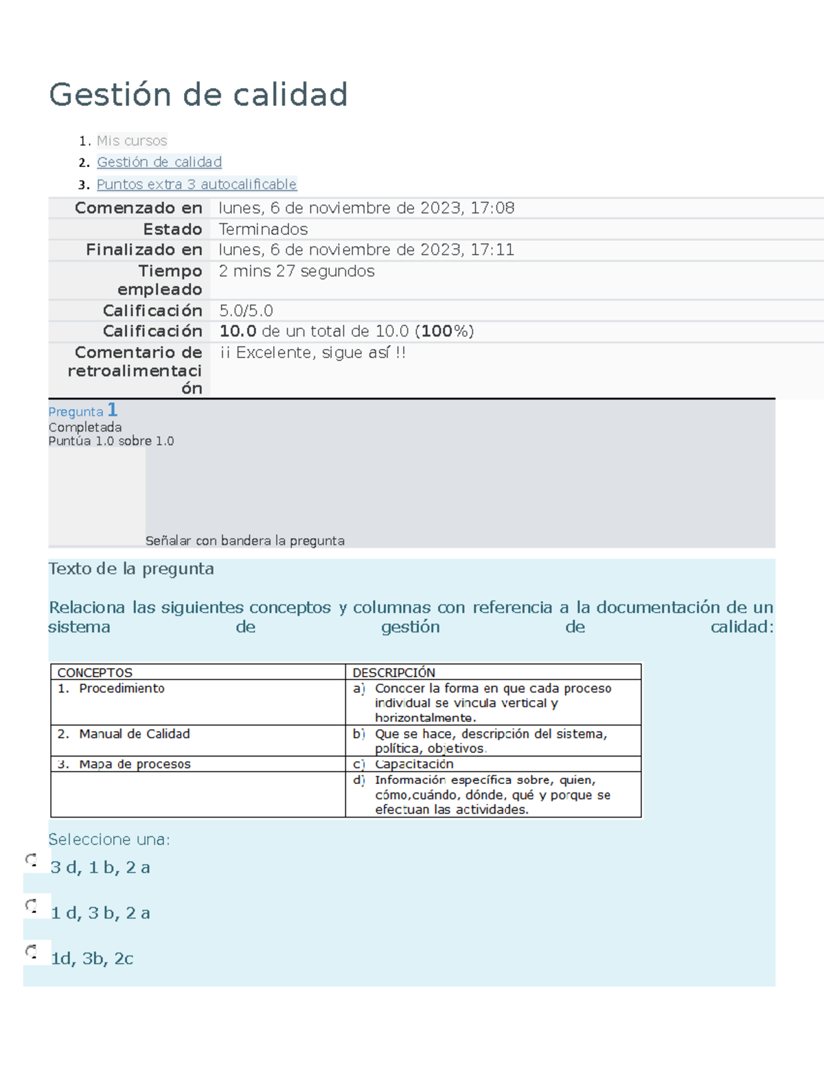 Gestión De Calidad Autocalificable Sem 3 Gestión De Calidad 1 Mis Cursos 2 Gestión De 8524