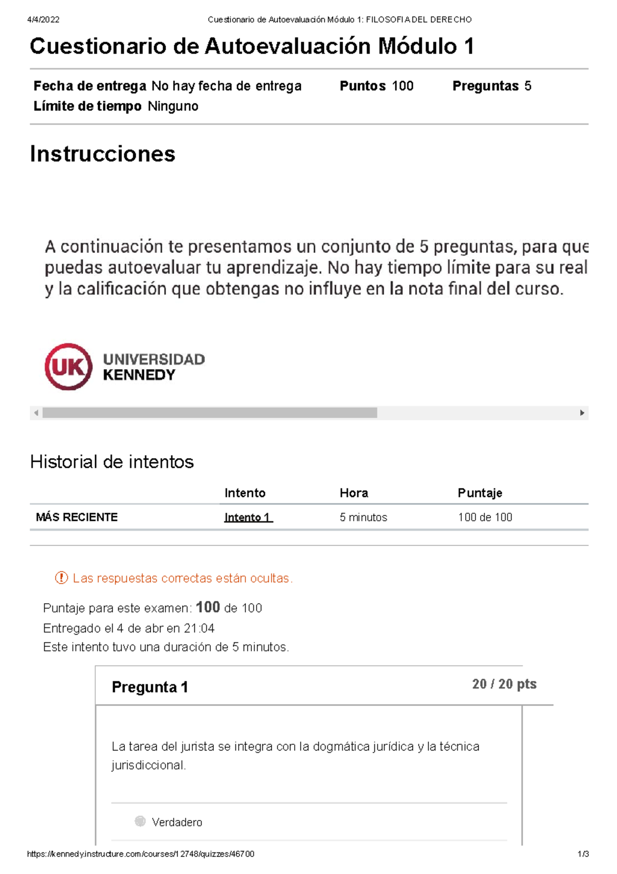 Cuestionario De Autoevaluaci Ã³n MÃ³dulo 1 Filosofia DEL Derecho - 4/4 ...