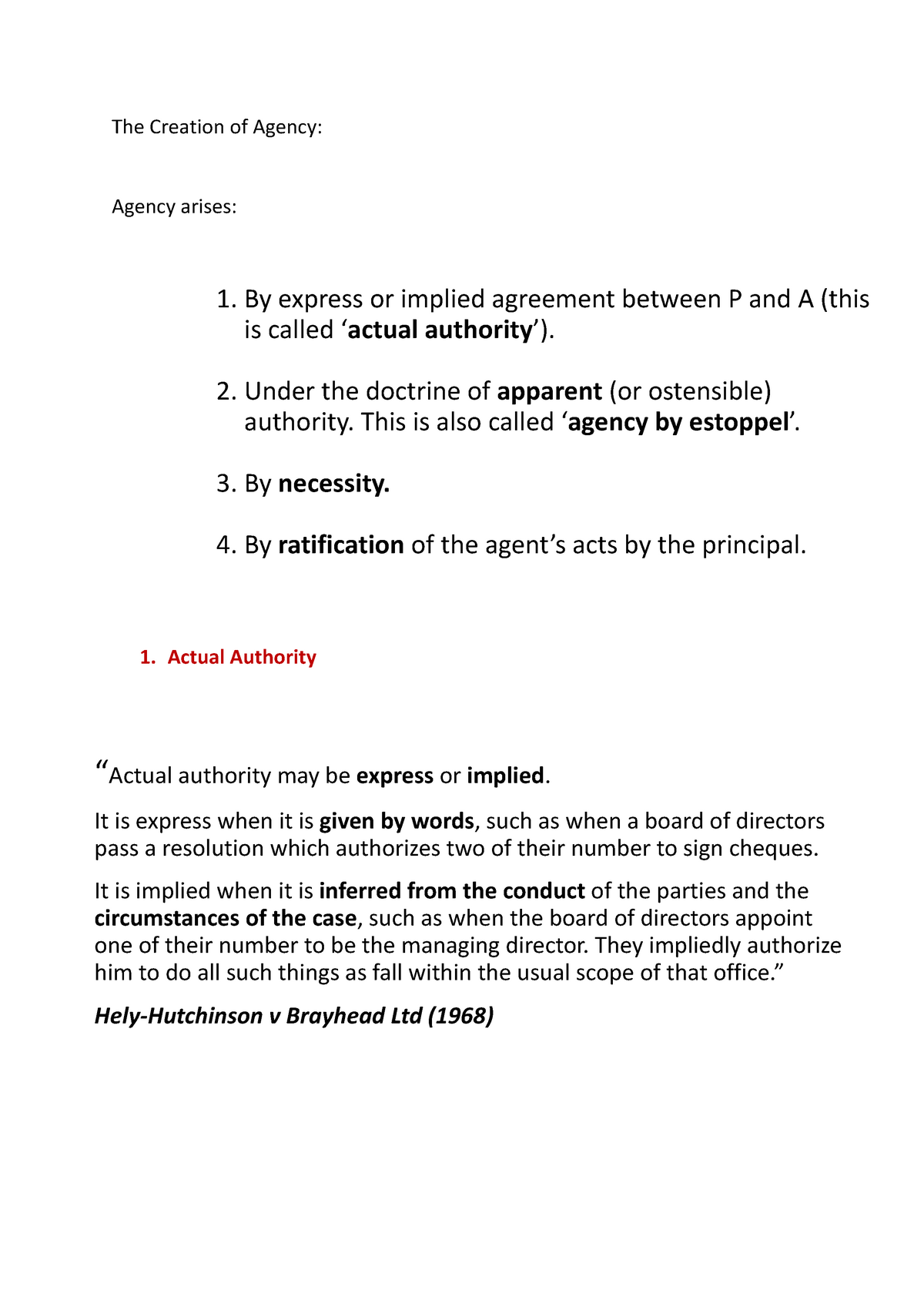 Business Law Notes 1.2 Pdf - The Creation Of Agency: Agency Arises: 1 ...