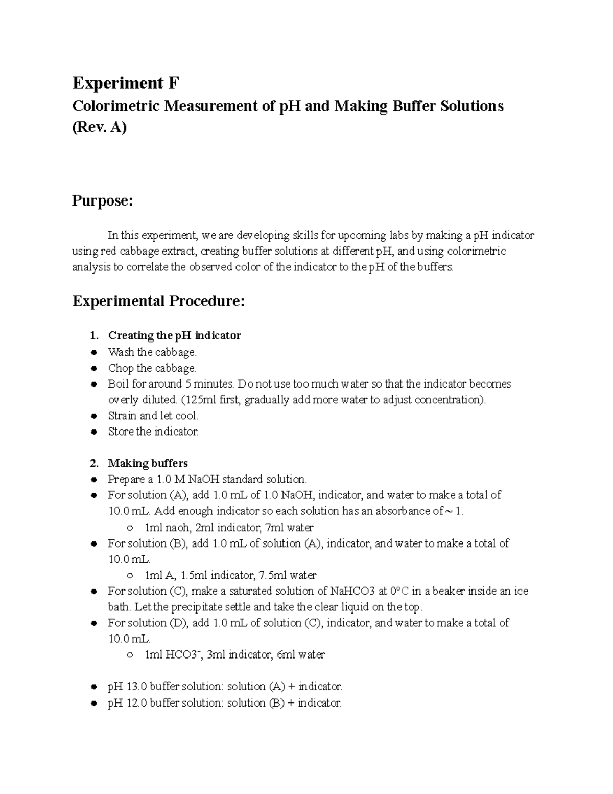 Experiment F Short Lab Report Experiment F Colorimetric Measurement of pH and Making Buffer