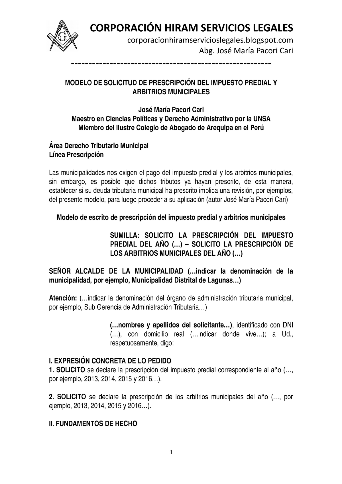 Modelo Solicitud Prescripción Impuesto Predial Y Arbitrios Municipales -  Autor JOSÉ María Pacori - Studocu