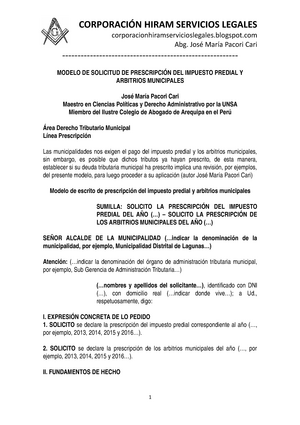 Modelo Solicitud Prescripción Impuesto Predial Y Arbitrios Municipales -  Autor JOSÉ María Pacori - Studocu