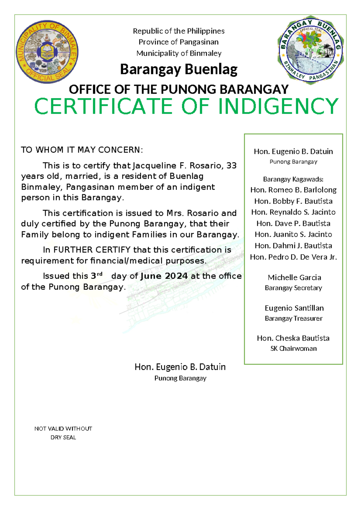 Certificate Of Indigency Certificate Of Indigency Republic Of The Philippines Province Of