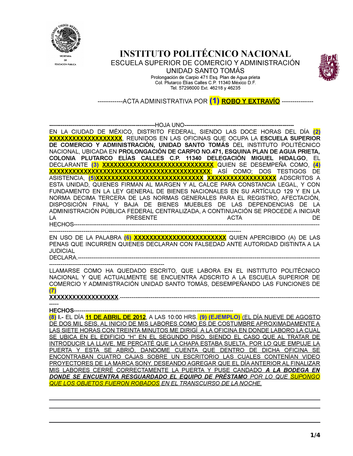 Acta administrativa por robo extravio - ESCUELA SUPERIOR DE COMERCIO Y  ADMINISTRACIÓN UNIDAD SANTO - Studocu