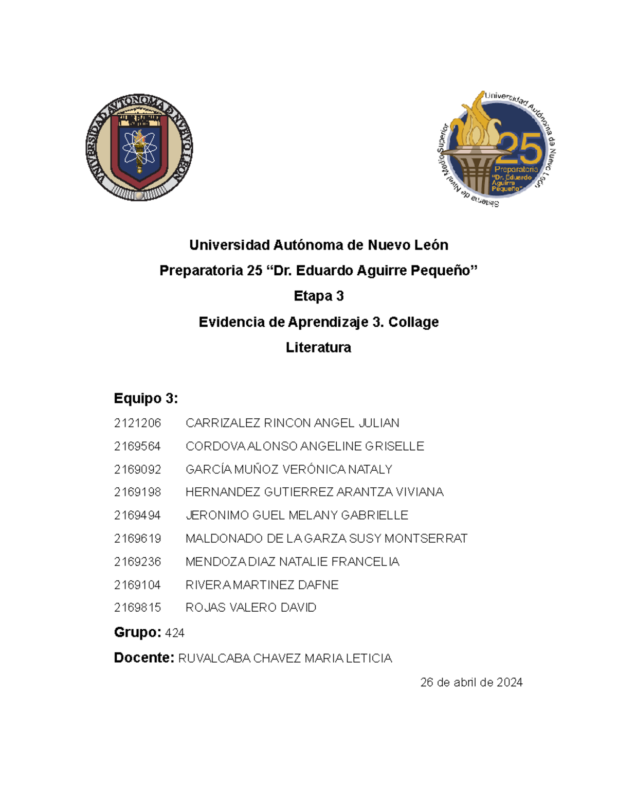 Ev3 Eq2 Lit - Universidad Autónoma de Nuevo León Preparatoria 25 “Dr ...