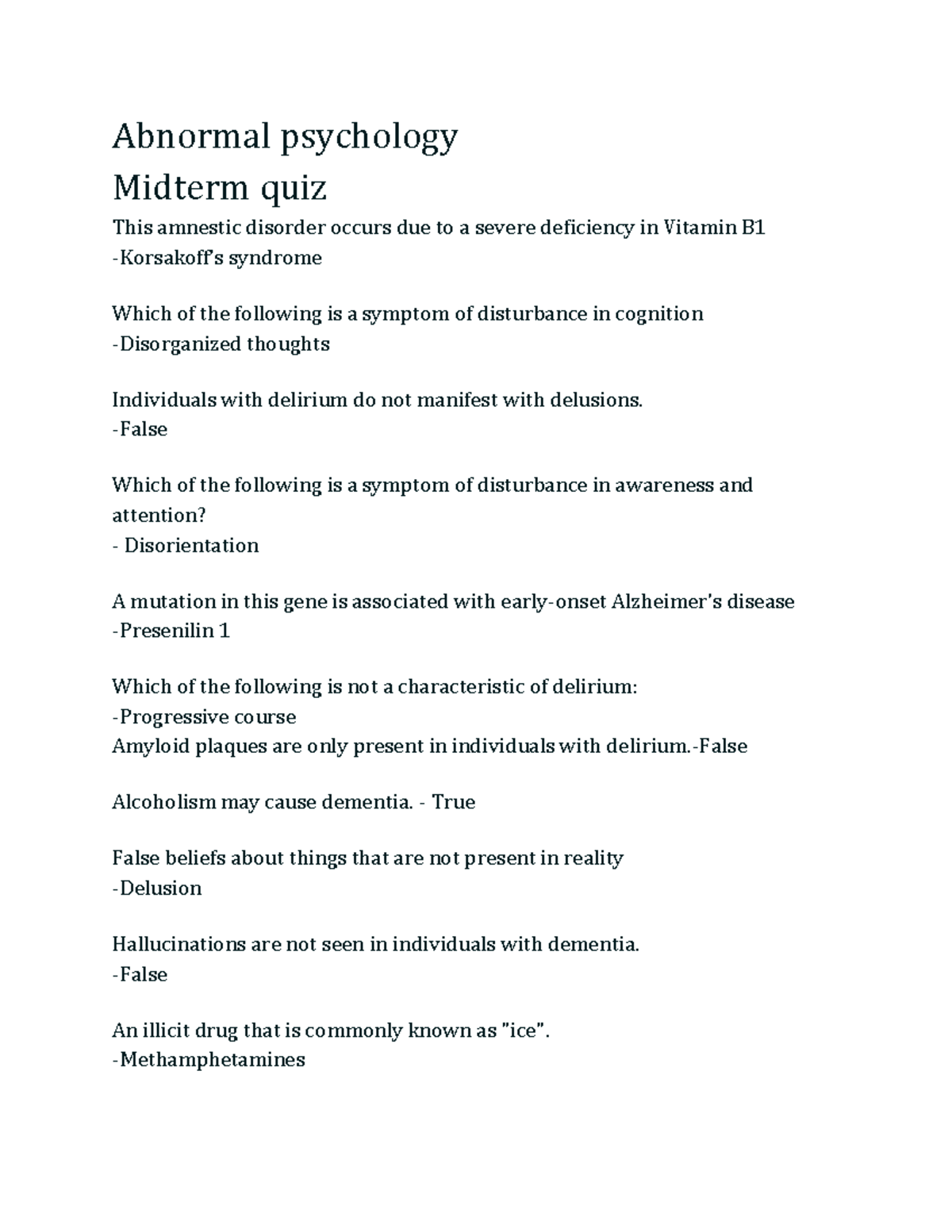 Abnormal psychology midterm quiz - Abnormal psychology Midterm quiz ...