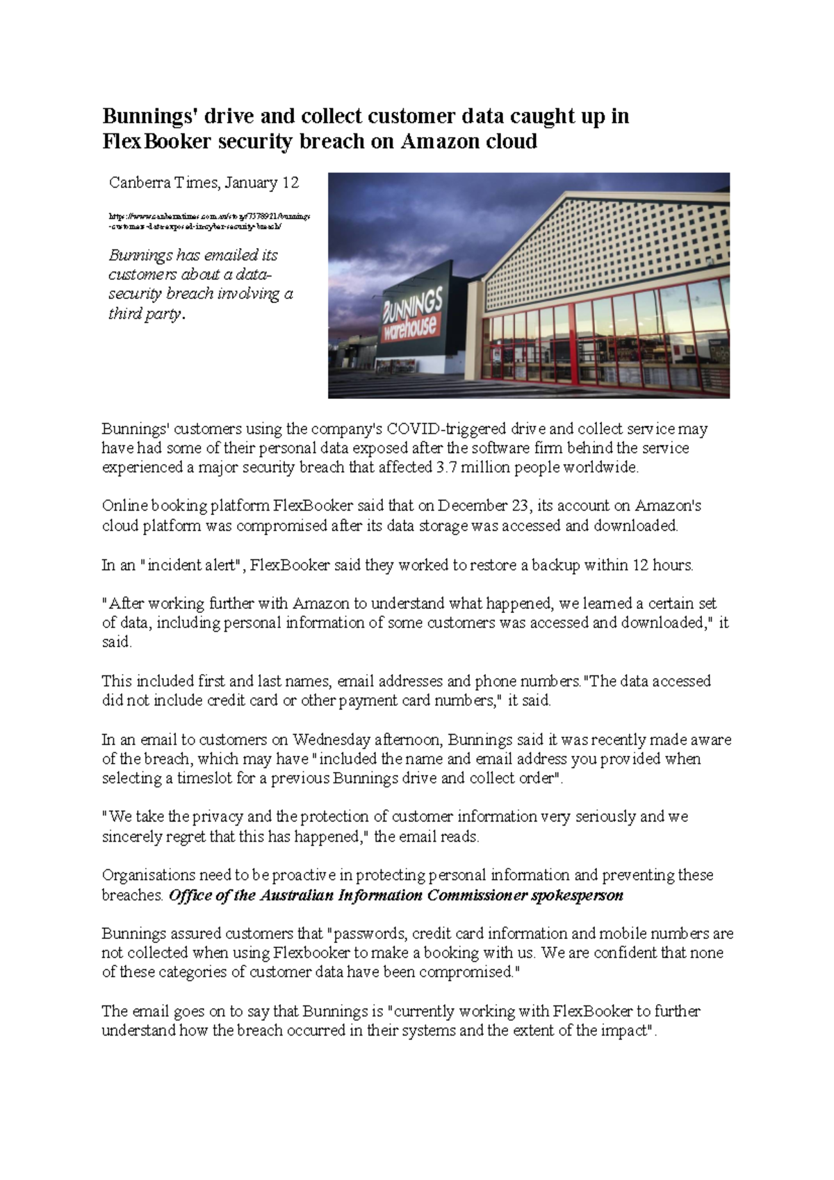 Bunnings 2022 scenario outlet for the cla activities Bunnings