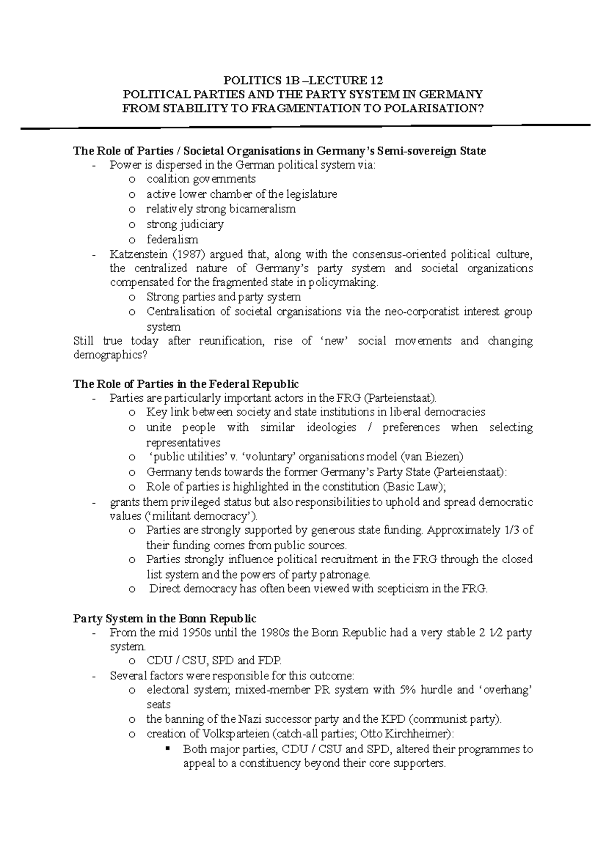 Politics 1B - Lecture 12 - POLITICS 1B –LECTURE 12 POLITICAL PARTIES ...