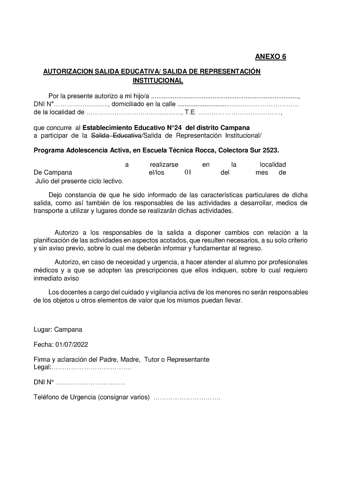 Autorizaciones Para Salidas Educativas - ANEXO 6 AUTORIZACION SALIDA ...