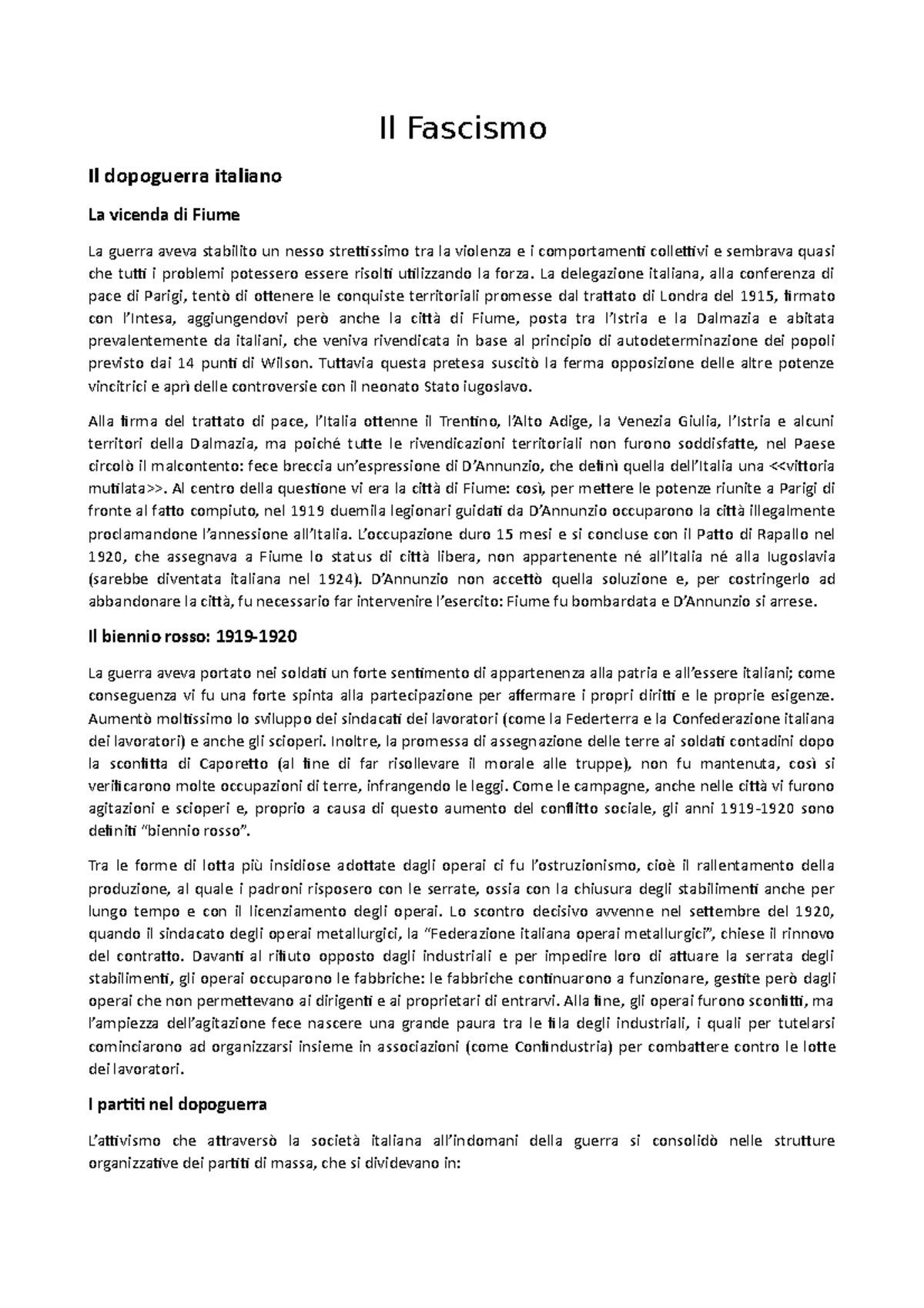Il Fascismo, Riassunto E Appunti - Il Fascismo Il Dopoguerra Italiano ...
