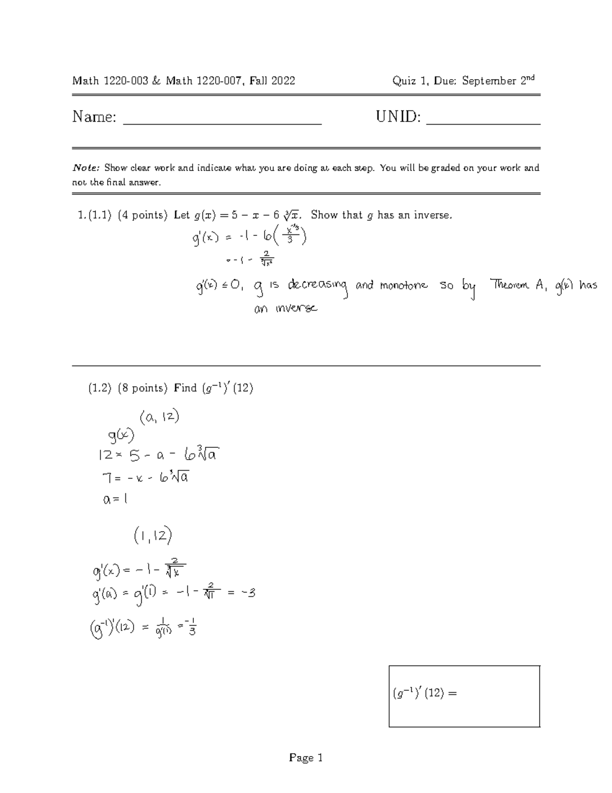 Calculus 2 Quiz 1 - Weekly practice quiz - Math 1220-003 & Math 1220 ...