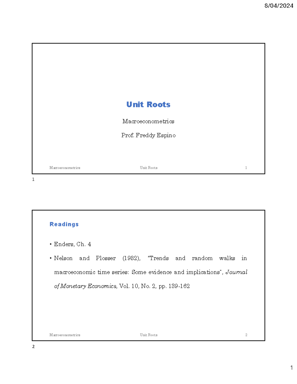 02 Unit Roots - Diapositivas- clase - Unit Roots Macroeconometrics Prof ...